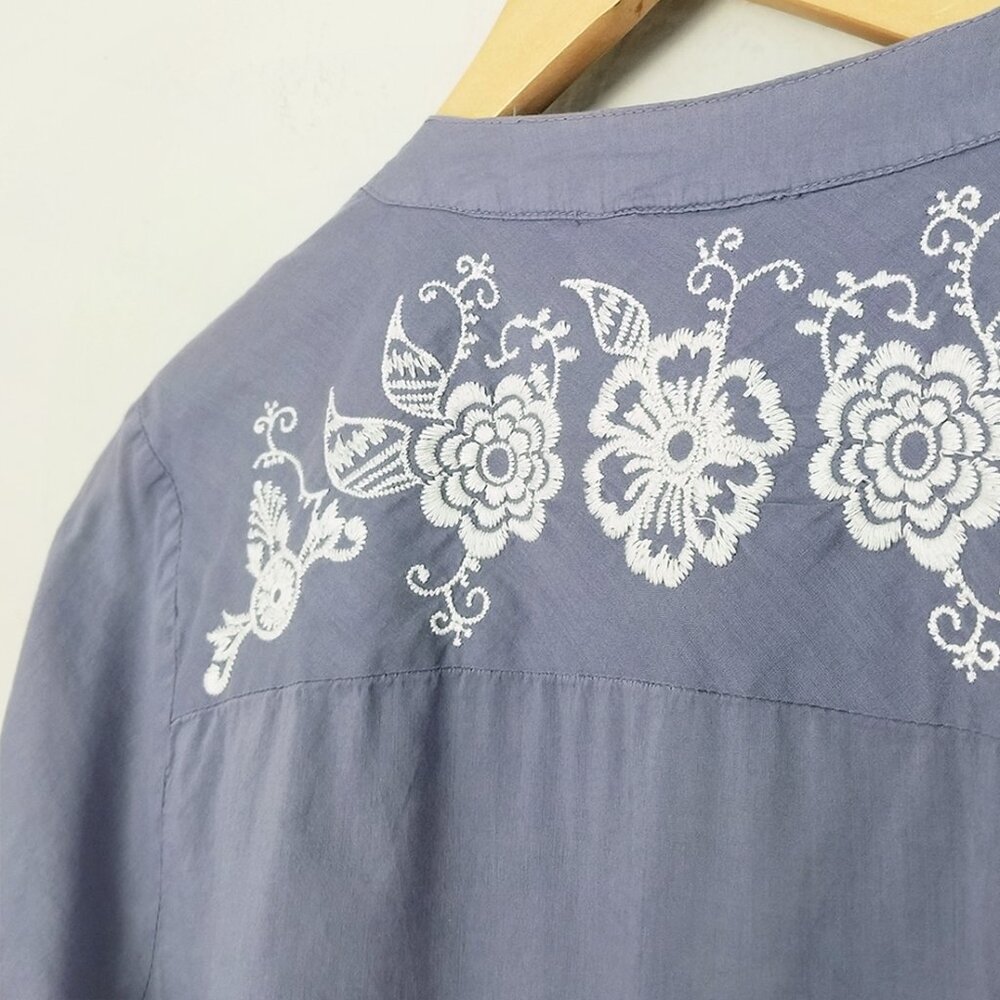 Johnny Was Blue White Embroidered Pintuck Pleats Rolled Tab Sleeves Blouse Top S - Picture 8 of 14